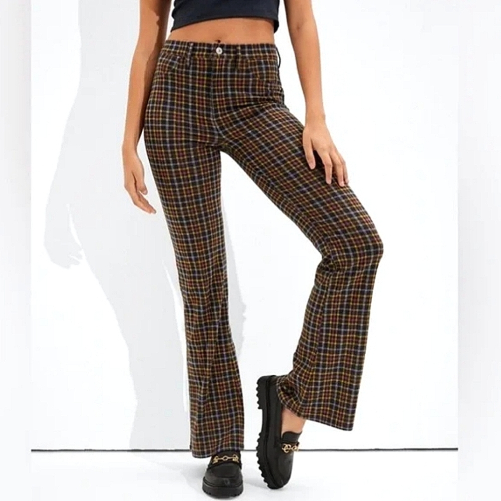 AE Stretch Plaid Super High-Waisted Flare Retro Comfy Work Pants Size 4 LONG